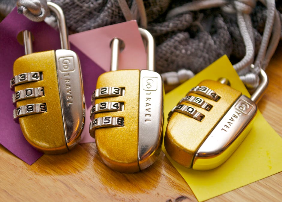 Three gold combination padlocks with colorful tags, symbolizing security and travel.