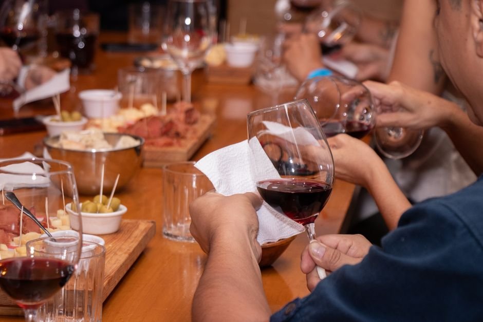 Cata de vino en terraza con vistas a viñedos
