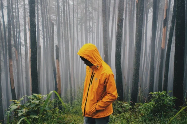 Viajero con chaqueta impermeable amarilla caminando en la montaña