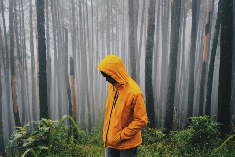 Viajero con chaqueta impermeable amarilla caminando en la montaña