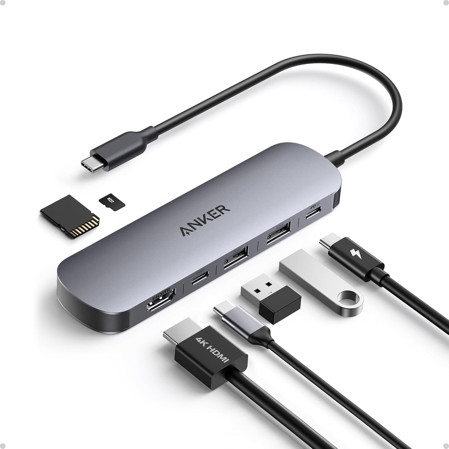 Hub USB-C Anker 2× USB-A 3.0, 1× USB-C datos, lector SD/TF
