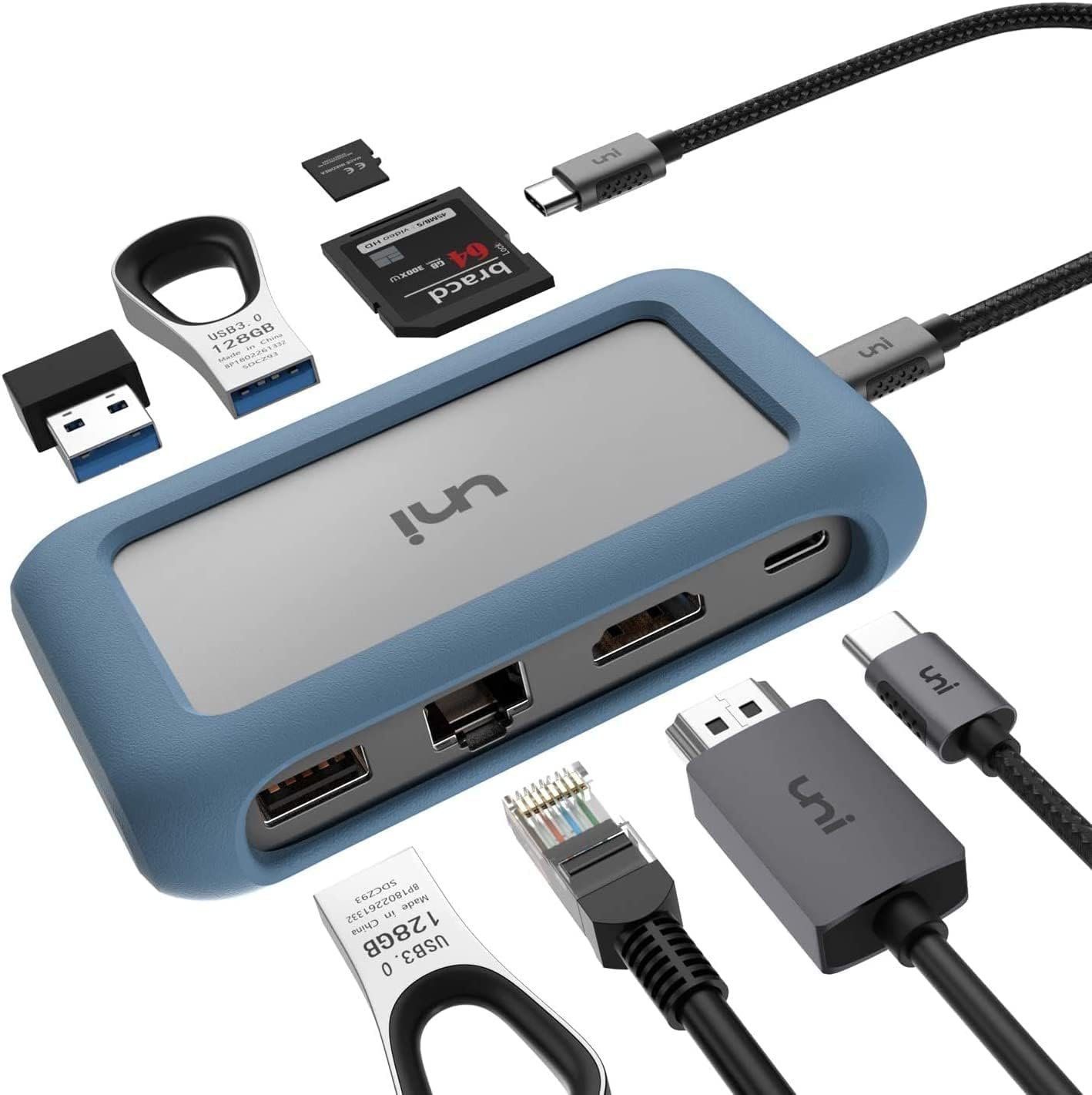 Hub USB-C uni 2× USB-A 3.0, 1× USB-A 2.0, HDMI, Ethernet Gigabit, lector S