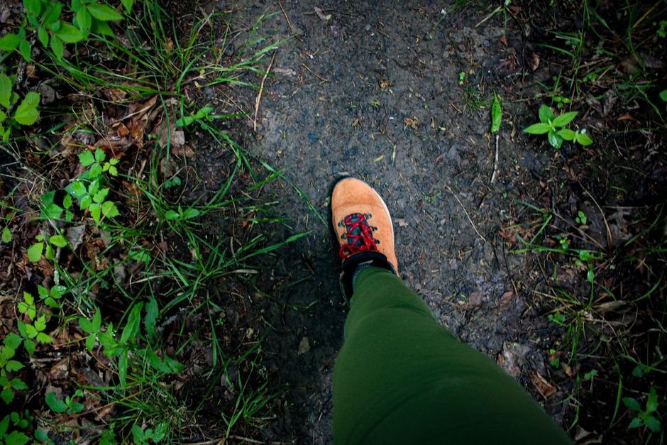 Bota de senderismo sobre sendero de tierra entre vegetación