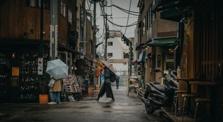 Personas con paraguas caminando bajo la lluvia en una calle urbana