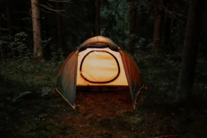 Tienda de campaña iluminada de noche en un bosque sereno