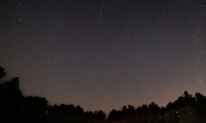 Lluvia de estrellas Gemínidas: meteoro cruzando un cielo nocturno estrellado