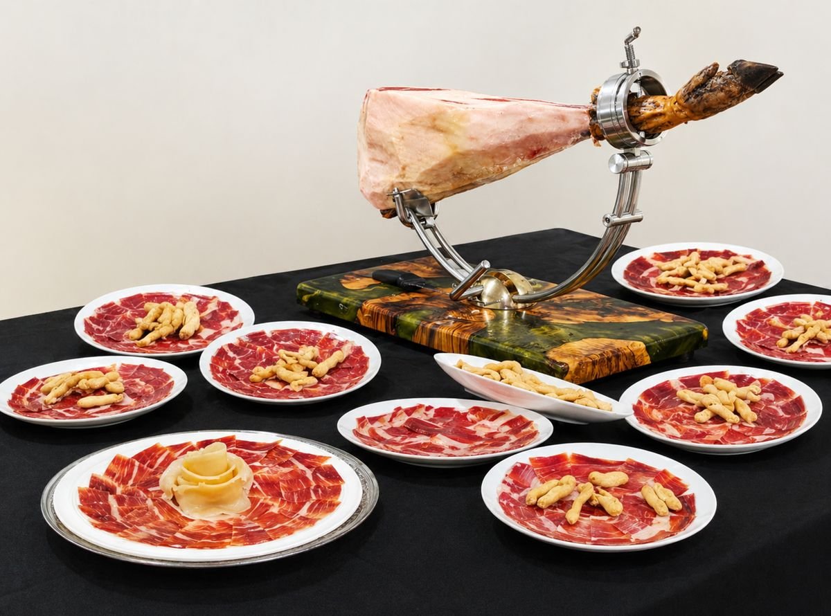 Presentación de jamón ibérico de Jabugo en tabla con pan
