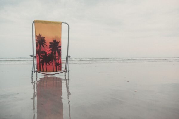 Silla de playa plegable con diseño de palmera en la arena junto al mar
