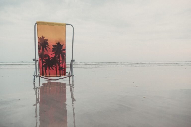 Silla de playa plegable con diseño de palmera en la arena junto al mar