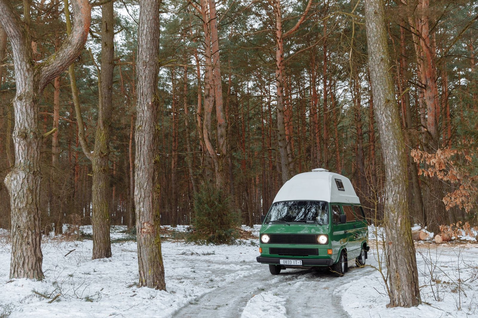 Furgoneta camper aparcada en un bosque nevado en invierno