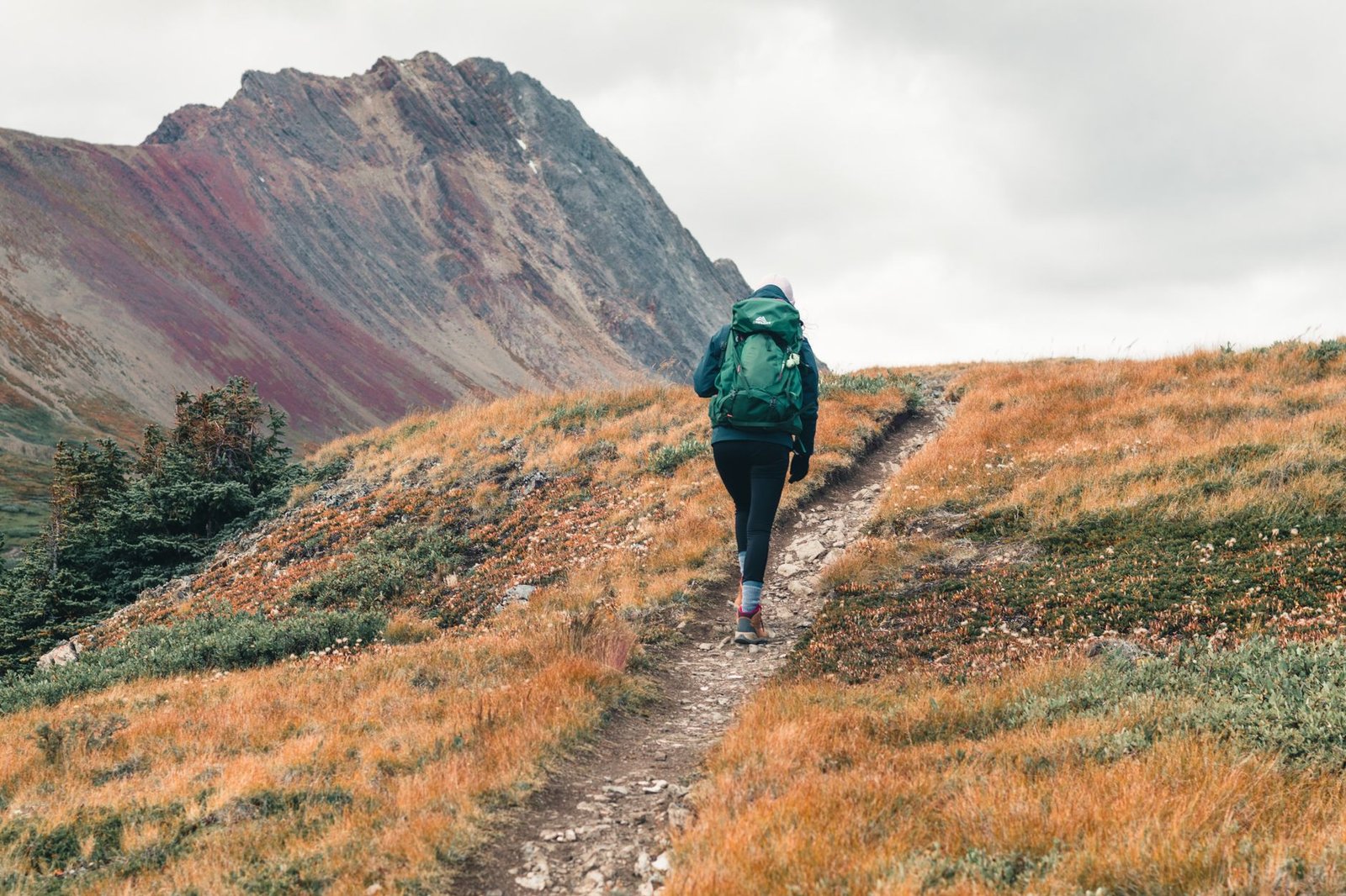Senderista con mochila grande de trekking recorriendo un sendero de montaña en otoño