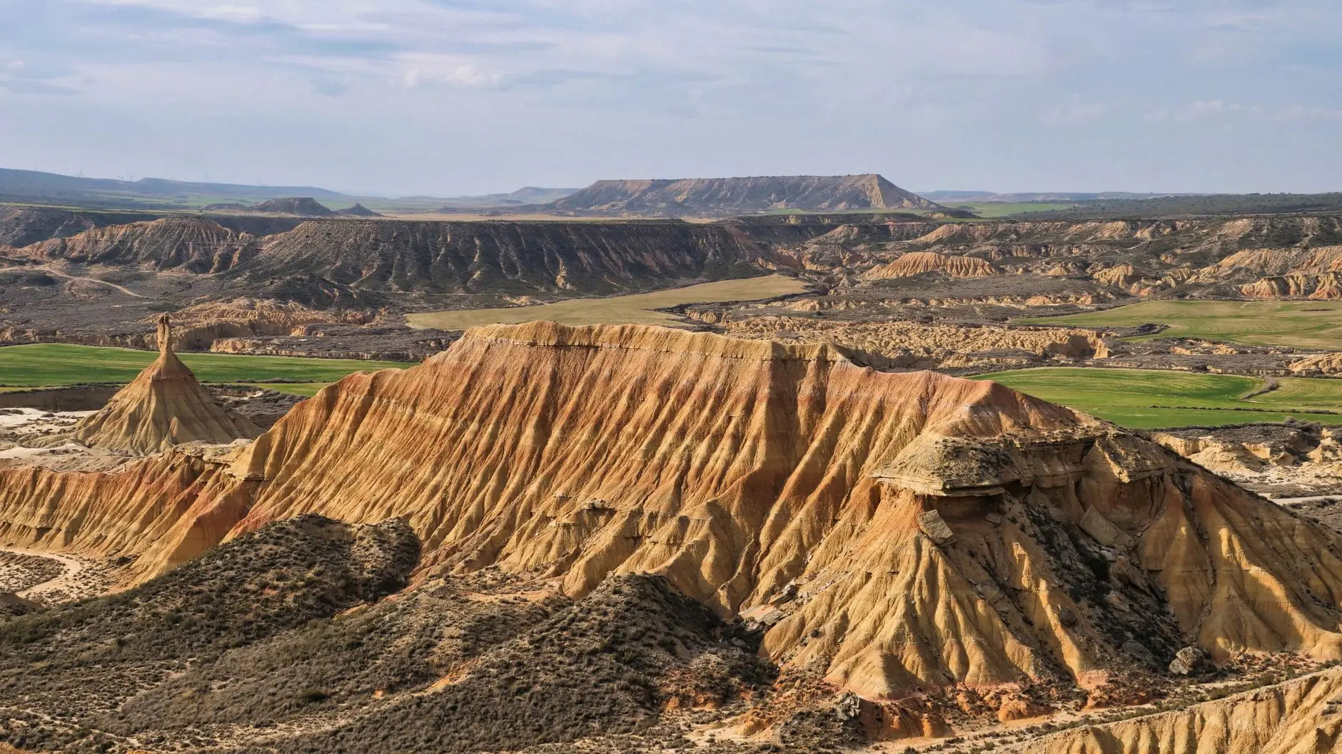 Panorámica del paisaje árido de la Bardena Blanca con cabezos y barrancos