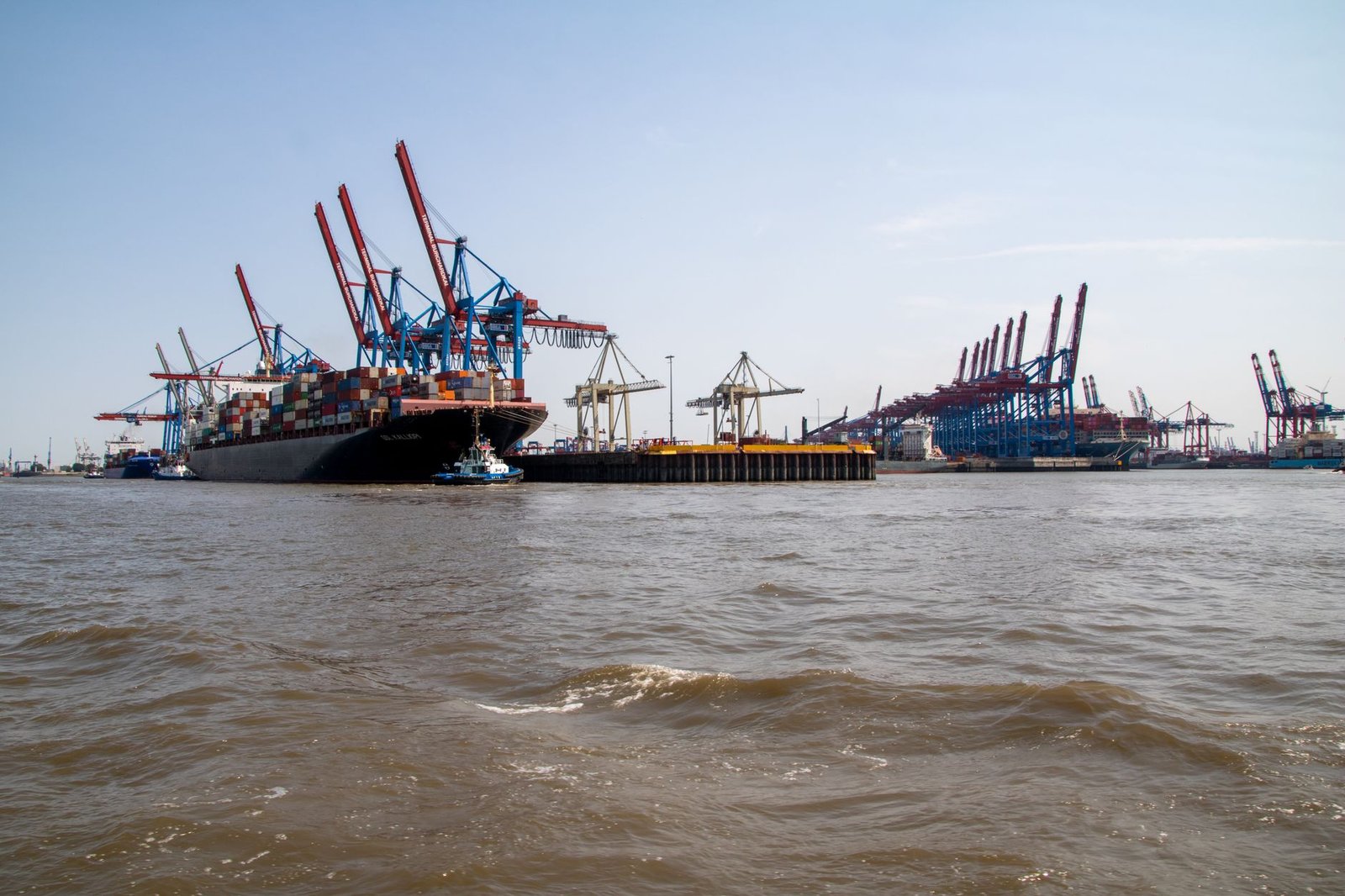 Buque de contenedores y grúas portuarias en el puerto de Hamburgo, el mayor de Alemania
