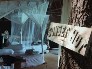 Cama con mosquitera de dosel en una cabaña tropical al atardecer