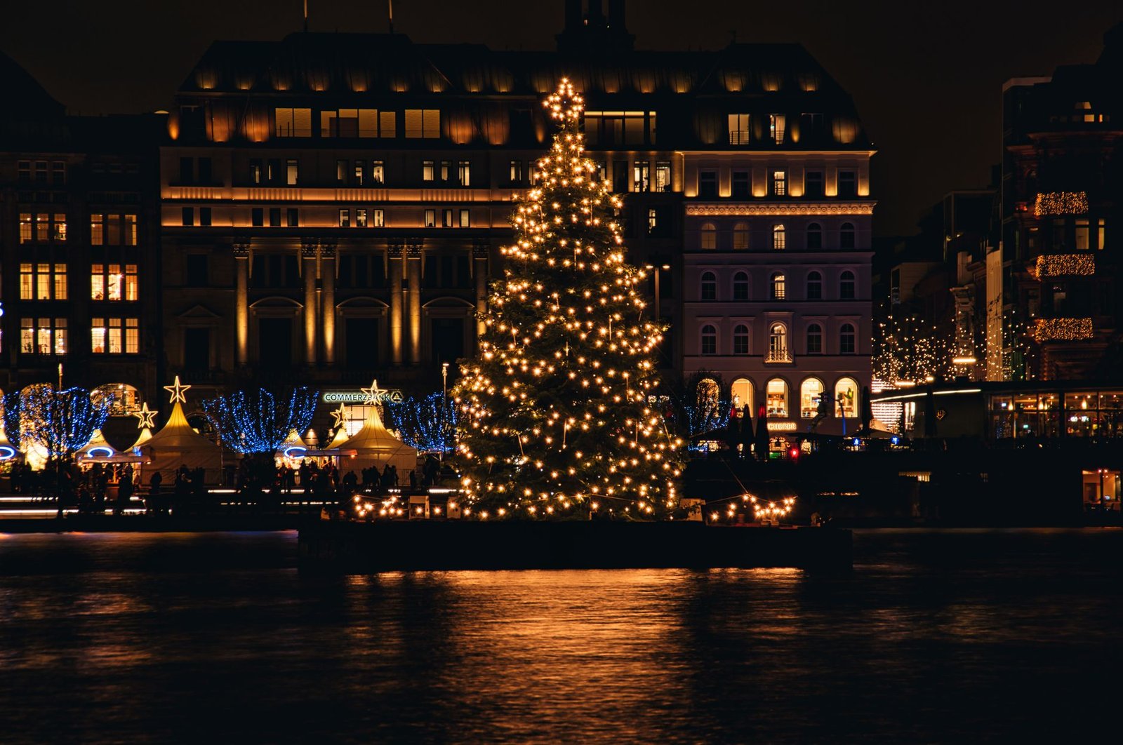 Árbol de Navidad iluminado frente al perfil de una ciudad de noche