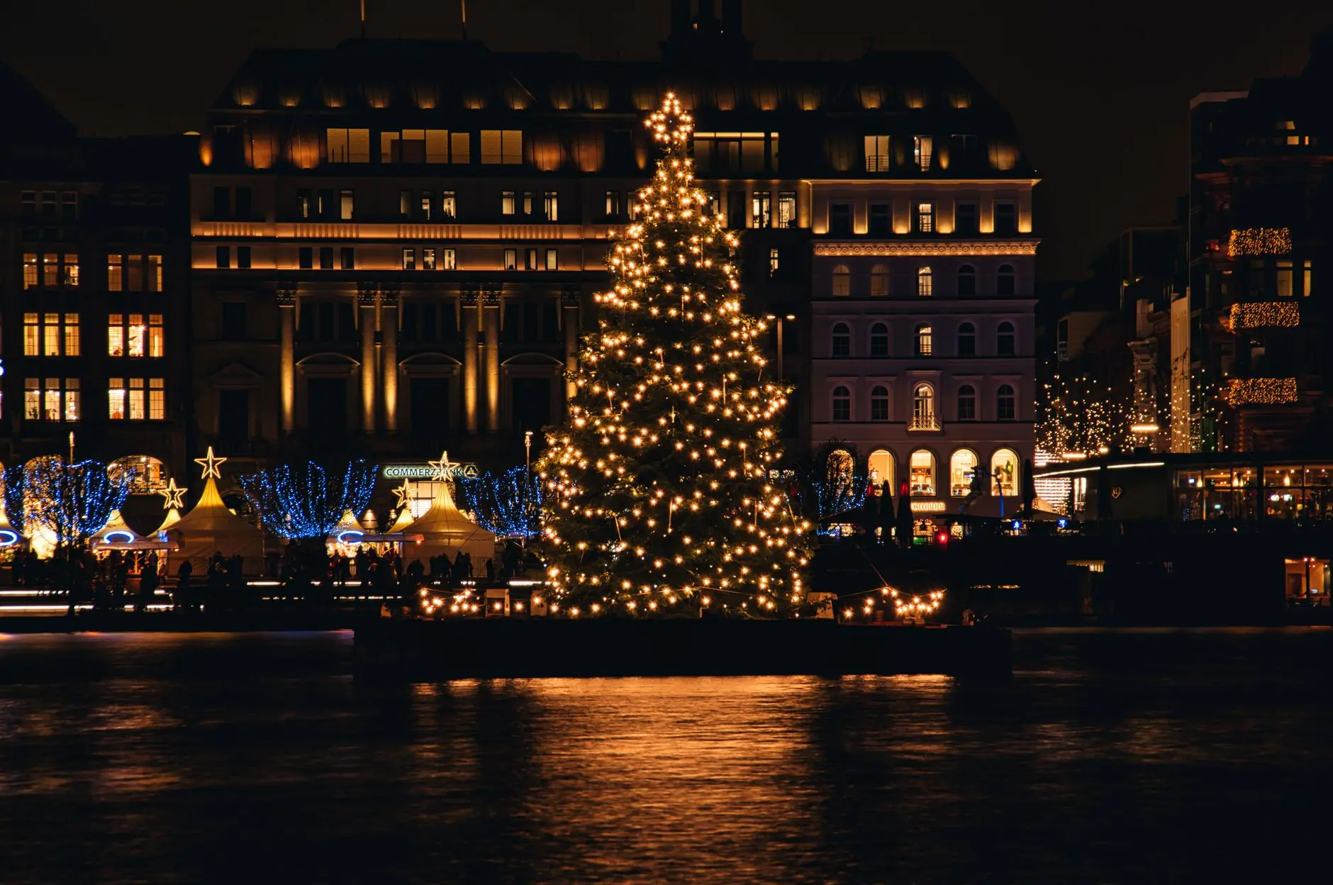 Árbol de Navidad iluminado frente al perfil de una ciudad de noche