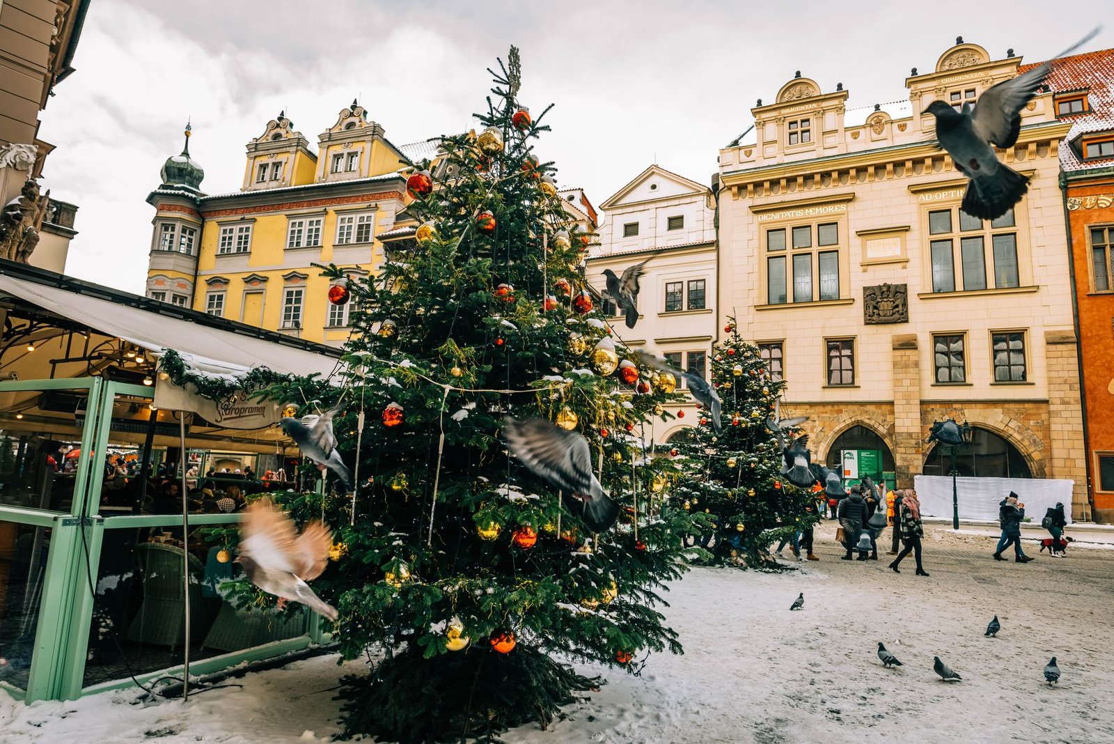 Mercado de Navidad en una plaza nevada de Praga con árboles decorados
