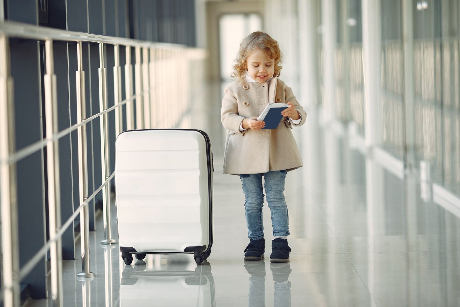Niña con maleta de ruedas comprobando el billete en el aeropuerto